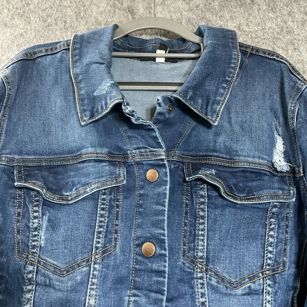 Lane Bryant Denim Jacket Womens 24 Blue Distressed Stretch Button Front Pockets